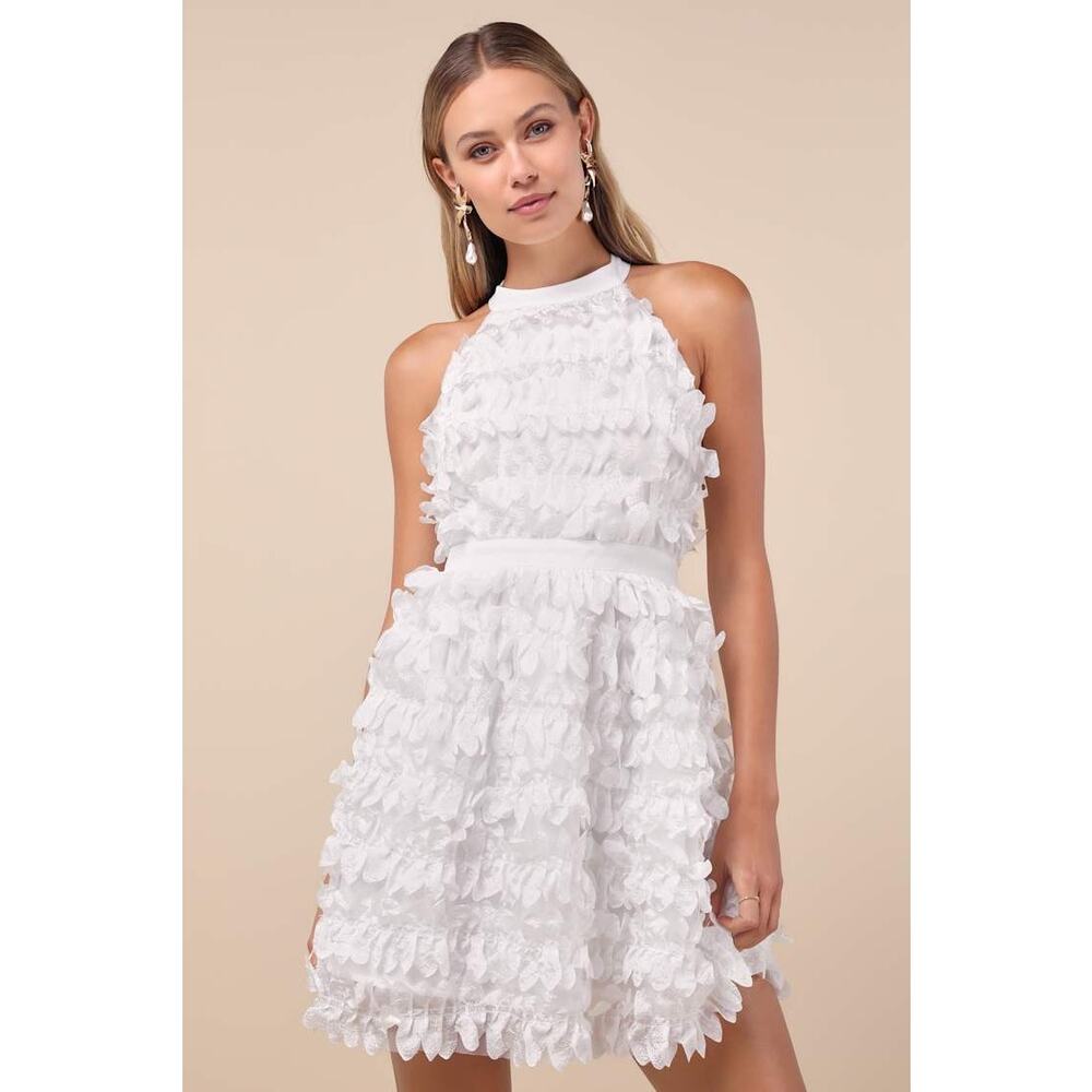 NWT Lulus Dearly Adored White Applique Halter Sleeveless Mini Dress Cocktail L